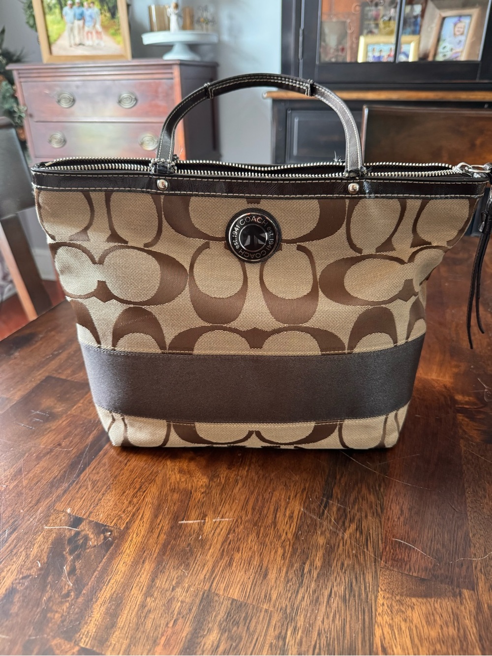 Coach Brown Signature Canvas Tote with Dark Trim